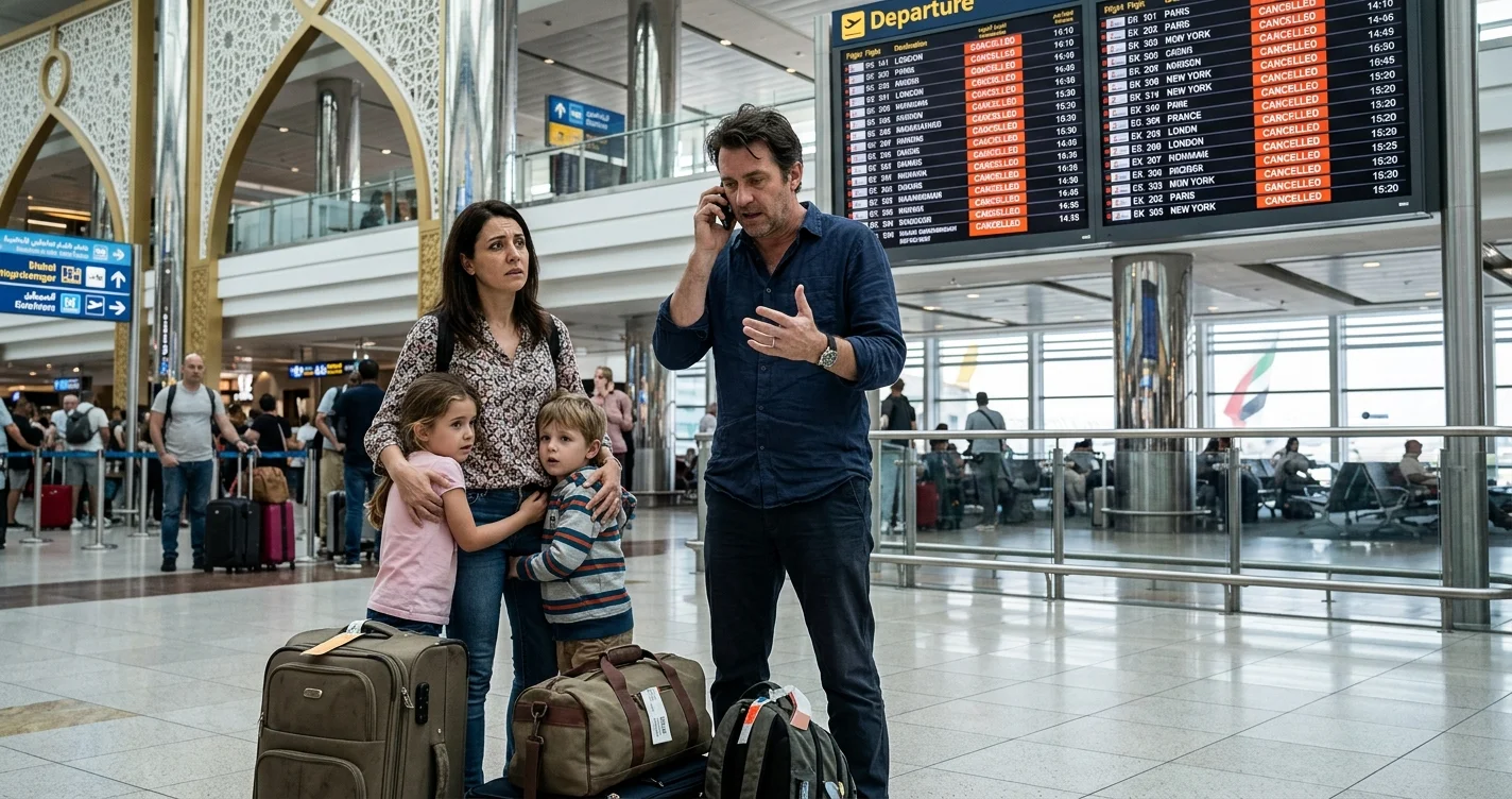 Gestresste Familie am Flughafen Dubai braucht menschliche Hilfe bei einem Reiseproblem